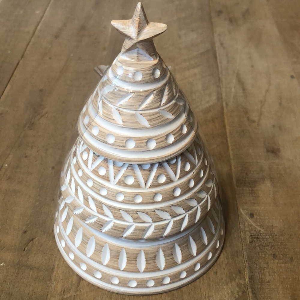 🤎🤍🤎 Bathroom Q-Tip Holder Christmas Tree Wooden White & Gold Wash 🤎🤍🤎 NWT